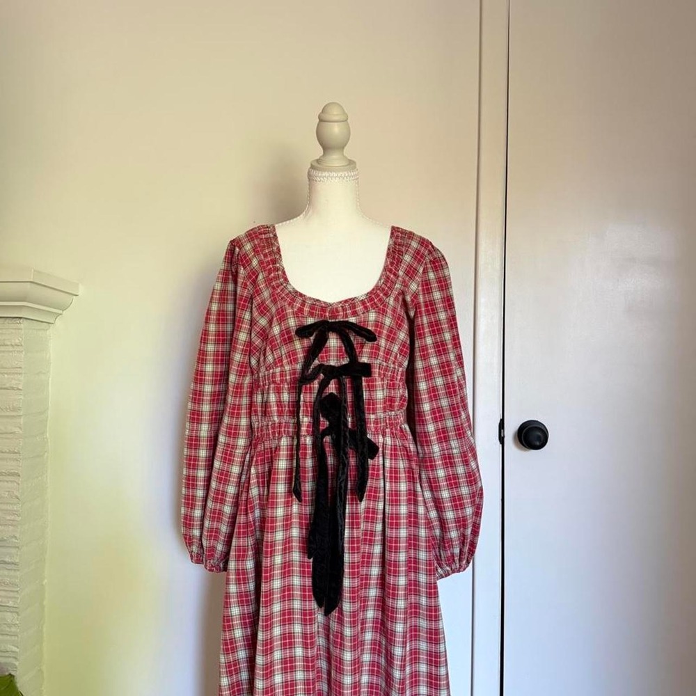 Damson Madder red and white plaid maxi dress with black velvet ribbon detail - Picture 2 of 6